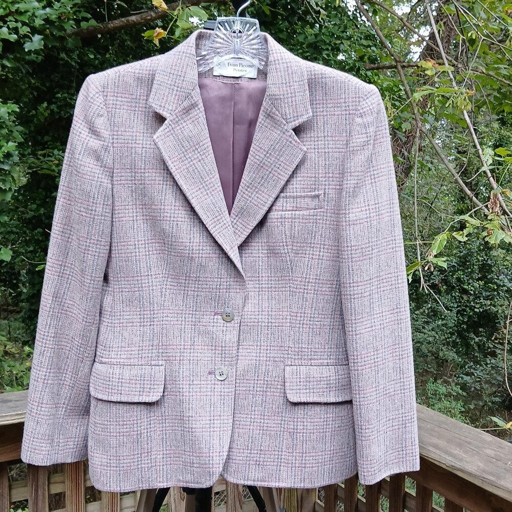 Vintage Wool Mauve Glen Plaid Single Breasted Abalone Shell Buttons Blazer Sz8